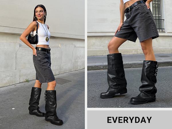 DREAM PAIRS Fold-over Knee High Fashion Boots for Women | Adjustable Buckle,Low Chunky Heel,Comfort Slouchy Boots,Festival Party Going Out Looks,Long Tall Fashion Casual Boots