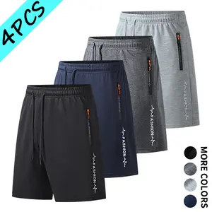 Men’s 4-pack casual shorts with zippered pockets, lightweight breathable loose fit sweatpants, elastic waistband with drawstring, suitable for sports, home, and everyday wear.