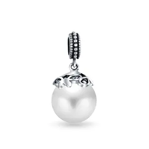 Bali Filigree Cap Pearl Heart Dangle Charm Bead Silver