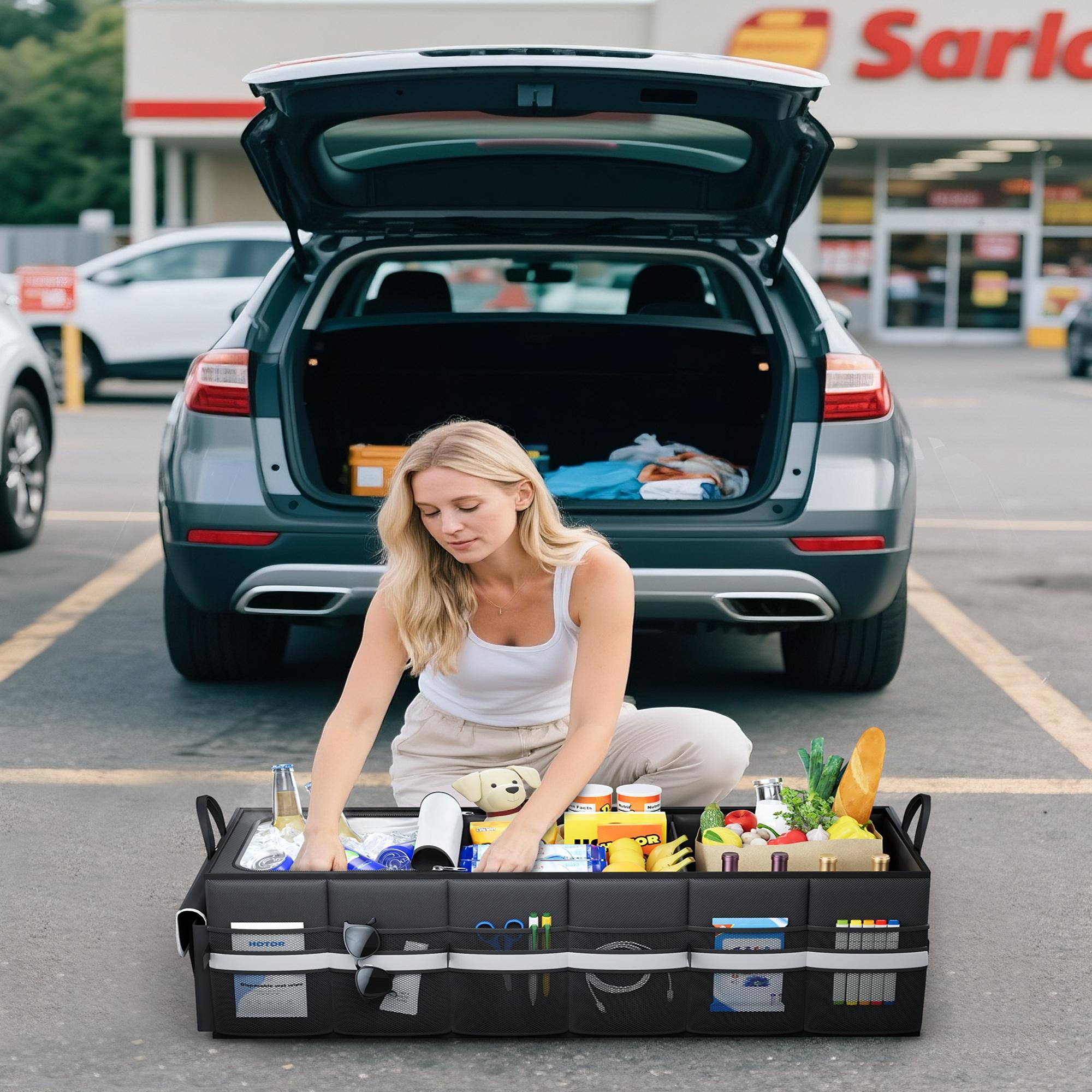 3 Compartment Car Trunk Organizer, Foldable Black Storage Box with Gray Edge, Built in Insulated Cooler Section with Ice Pack and Reflective Strip Design, Large Capacity Trunk Organizer for SUV, Sedan, Grocery, Tools and Travel Essentials 3 Compartment Car Trunk Organizer, Foldable Black Storage Box with Gray Edge, Built in Insulated Cooler Section with Ice Pack and Reflective Strip Design, Large Capacity Trunk Organizer for SUV, Sedan, Grocery, Tools and Travel Essentials