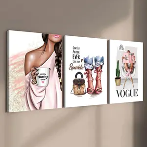 3-count wooden frame canvas, girlish ins style trendy dressing theme poster, exquisite and fashionable female poster, perfect living room and bedroom decoration, modern home decor, modern family poster, corridor wall art, waterproof, art