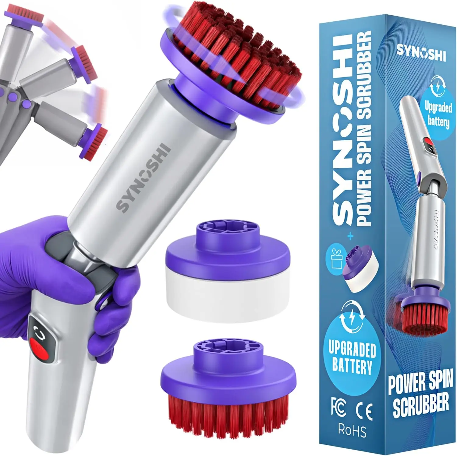 SYNOSHI PRO Electric Spin Scrubber Cordless Cleaning Bathroom Scrubber | Waterproof Shower Cleaning Brush with Adjustable Angles, 2 Speed, 180Min Work Time for Floor, Bathtub, Kitchen, Car, Tub