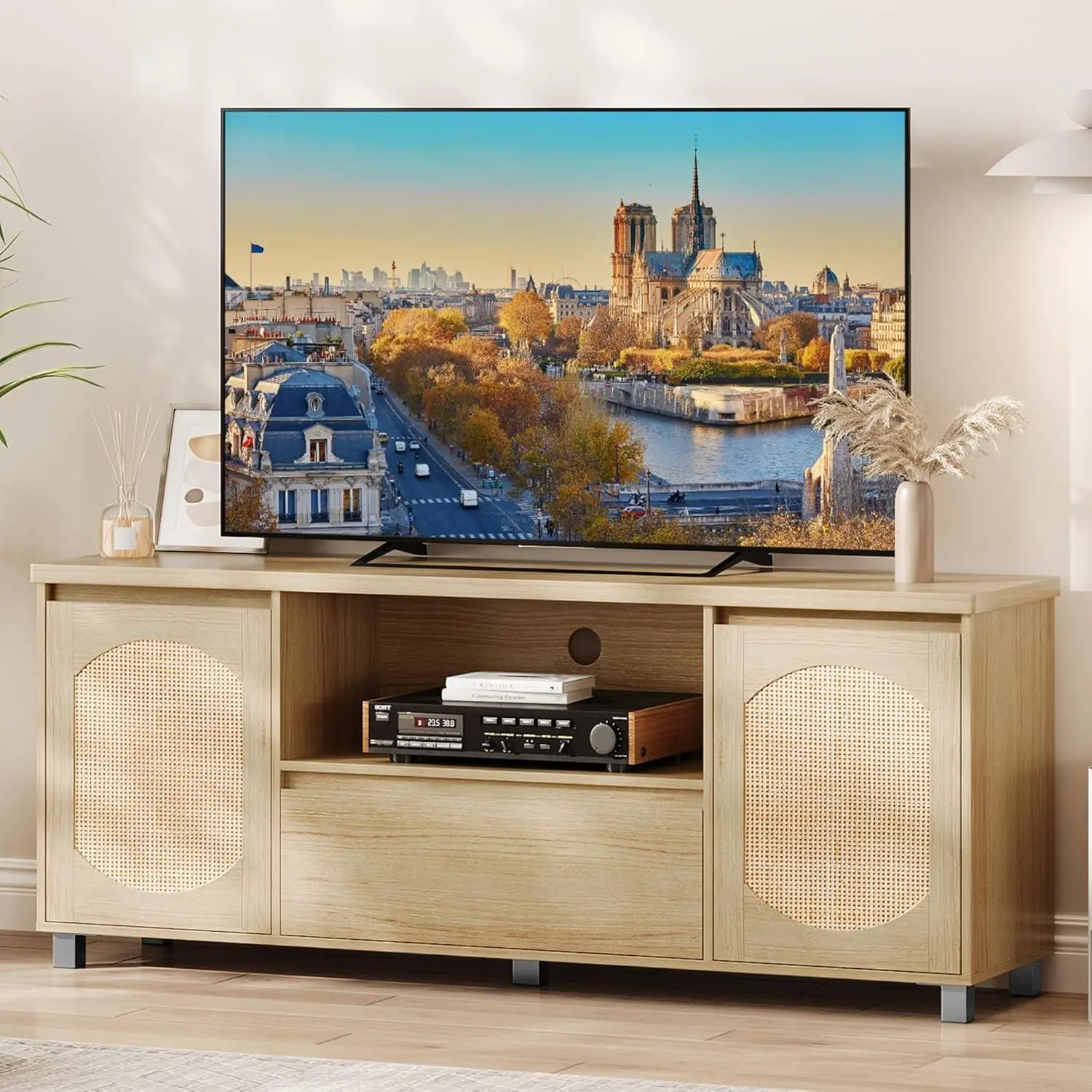 Rattan TV Stand for 65" TV, Entertainment Center with Drawer & Shelf, Furniture, Tv Console
