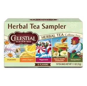 Celestial Seasonings Herbal Tea Sampler Variety Pack, Caffeine Free, 18 Tea Bags Box