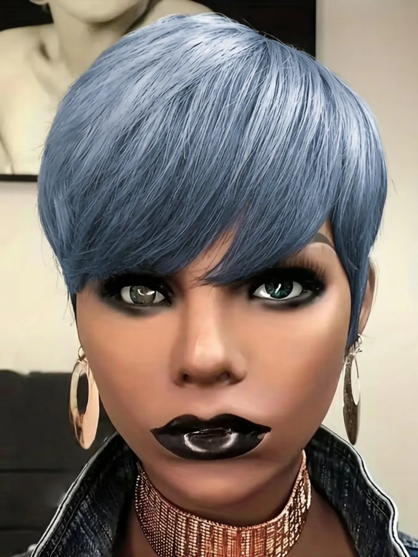 Short Red gray Premium Human Hair Silky Wig Pixie Cut, Remy Human Hair Wigs with Bangs, Layered Straight Style, full machine made Natural Hairline, Perfect for Daily, Party & Cosplay