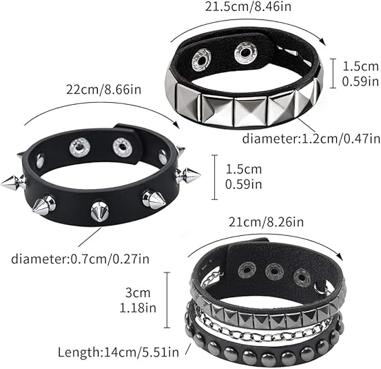 3 Pcs Punk Rock Studded Bracelet Set Spiked Leather Cuff Bracelet for Men Women 80s Wristband Emo Bracelet Adjustable