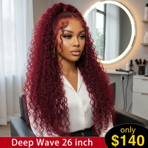 【26“ Only $140】Mamushow 200% Density 99J Burgundy Deep Wave 13x6 HD Lace Frontal Wigs Human Hair Red Hair