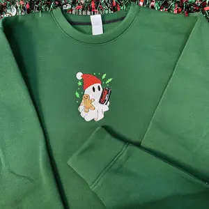 No Bow - Christmas Ghost Embroidered Sweatshirt, Christmas Sweaters Long Sleeve