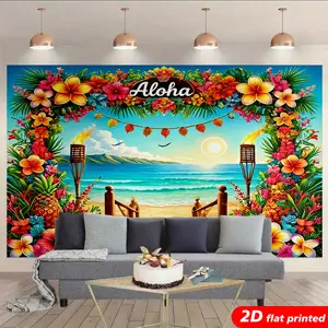 Aloha Tropical Tapestry Wall Hanging, Hawaiian Beach Plumeria Pineapple Design, 2D Flat Printed Tapestry for Aesthetic Home Decor, Luau Party, Bedroom