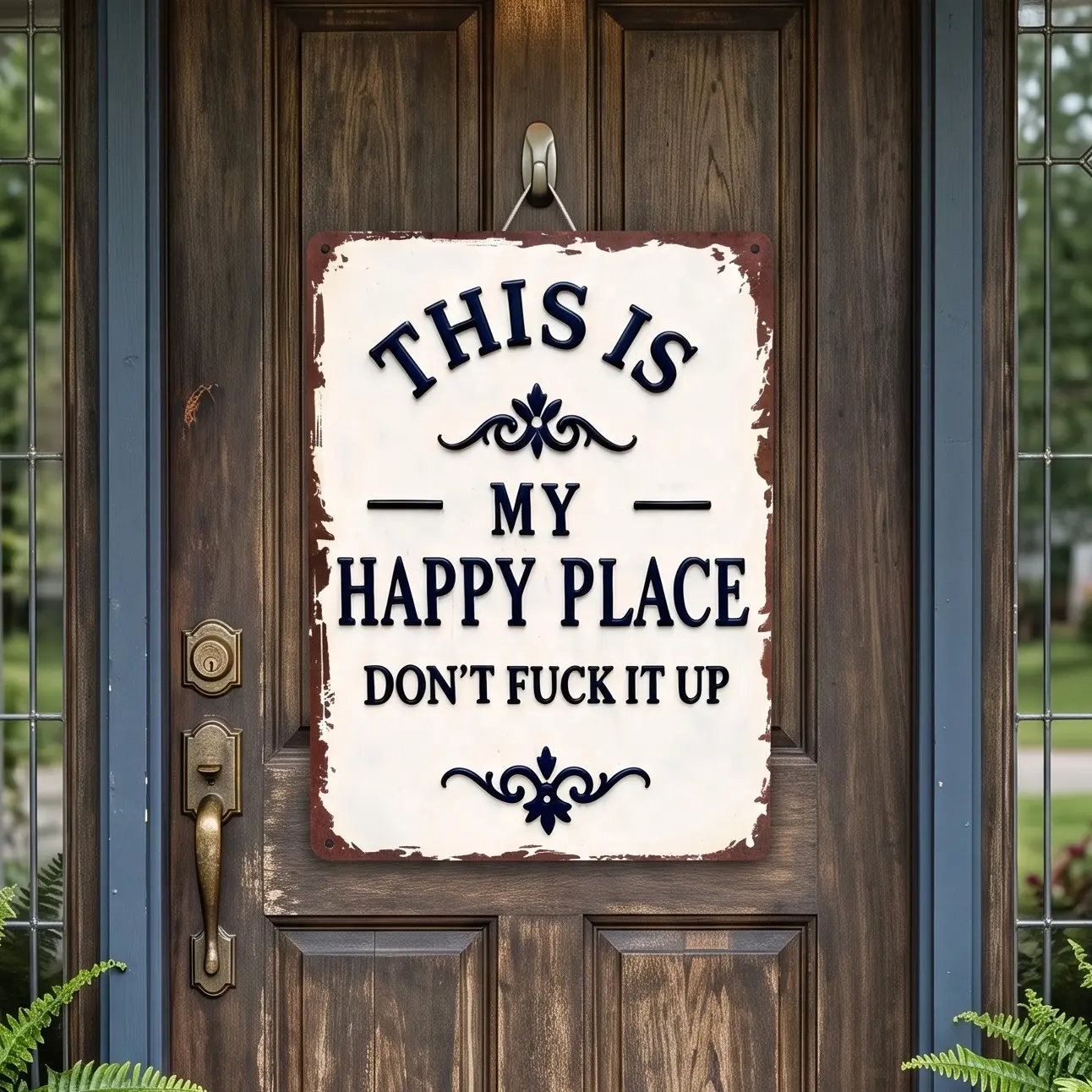 Funny Garden Metal Sign -"This Is My Happy Place Don't Fuck It Up Vintage Decor, Home Kitchen Art,Welcome Square Sign for Home Kitchen Garden Farm Bar or Coffee Wall Decor