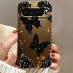 Black Butterflies Roses Bows Film Hard Phone Case Suitable for Google Pixel 9 Pro XL/9 Pro 5G/9/ 8 Pro/ 8/ 8A/ 7 Pro/ 7/ 7a/10/10 Pro/10 Pro XL, A New And Creatively Smartphone Case.