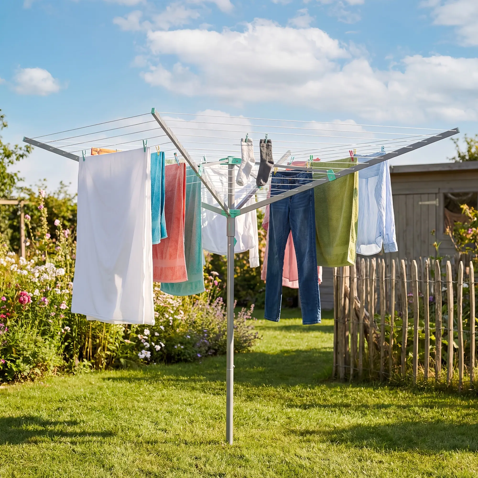 Rotary Clothes Drying Rack Made Of Galvanized Steel. Umbrella Style Line with 1968.5inch Drying Space. Includes Clips, Storage Cover, And Ground Anchor. Great for Garden, Patio Or RV Trips. Folds Flat. Holds 5 Loads Of Laundry., Drying Racks