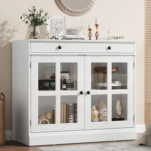 35.4" Sideboard Buffet Cabinets with Glass Door, Buffet Cabinet with Storage, White Sideboard Cabinet with Drawer, for Dining Room, Kitchen，White