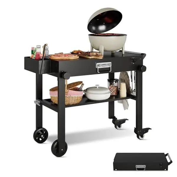 Heavy Duty Iron Grill Cart for Blackstone Griddles - Portable Foldable Outdoor BBQ Table with Wheels, Storage Tray & Tool Hooks - Camping, Backyard Cooking Station