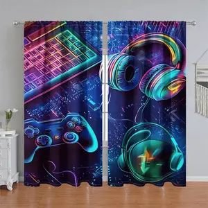 2Pcs Neon Gaming Theme Curtain Panel, Home Decoration Curtain, Vibrant Controller Keyboard Headphones Print, Pole Pocket Style, Semi Sunshade for Gamer Room Decor, Living Bedroom Balcony Kitchen Study & Shower Window Decoration, Accessory, Anti Privacy.