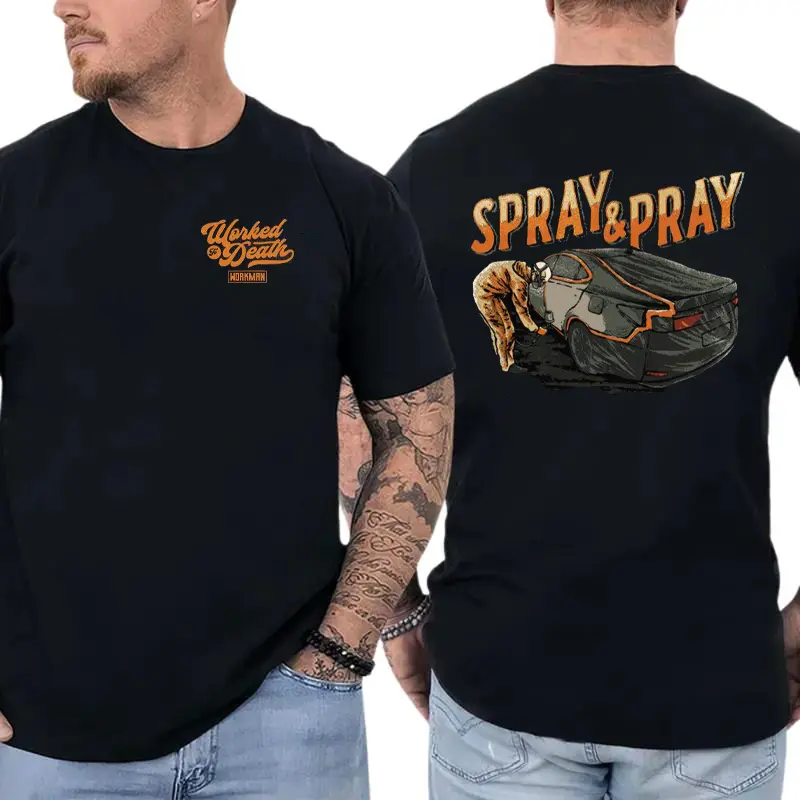 Spray & Pray T-Shirt, Funny Auto Body Car Painting Graphic, Mechanic Humor Graphic Shirt for Car Painters & Auto Body Workers, Gift for Garage Workers or Car Enthusiasts