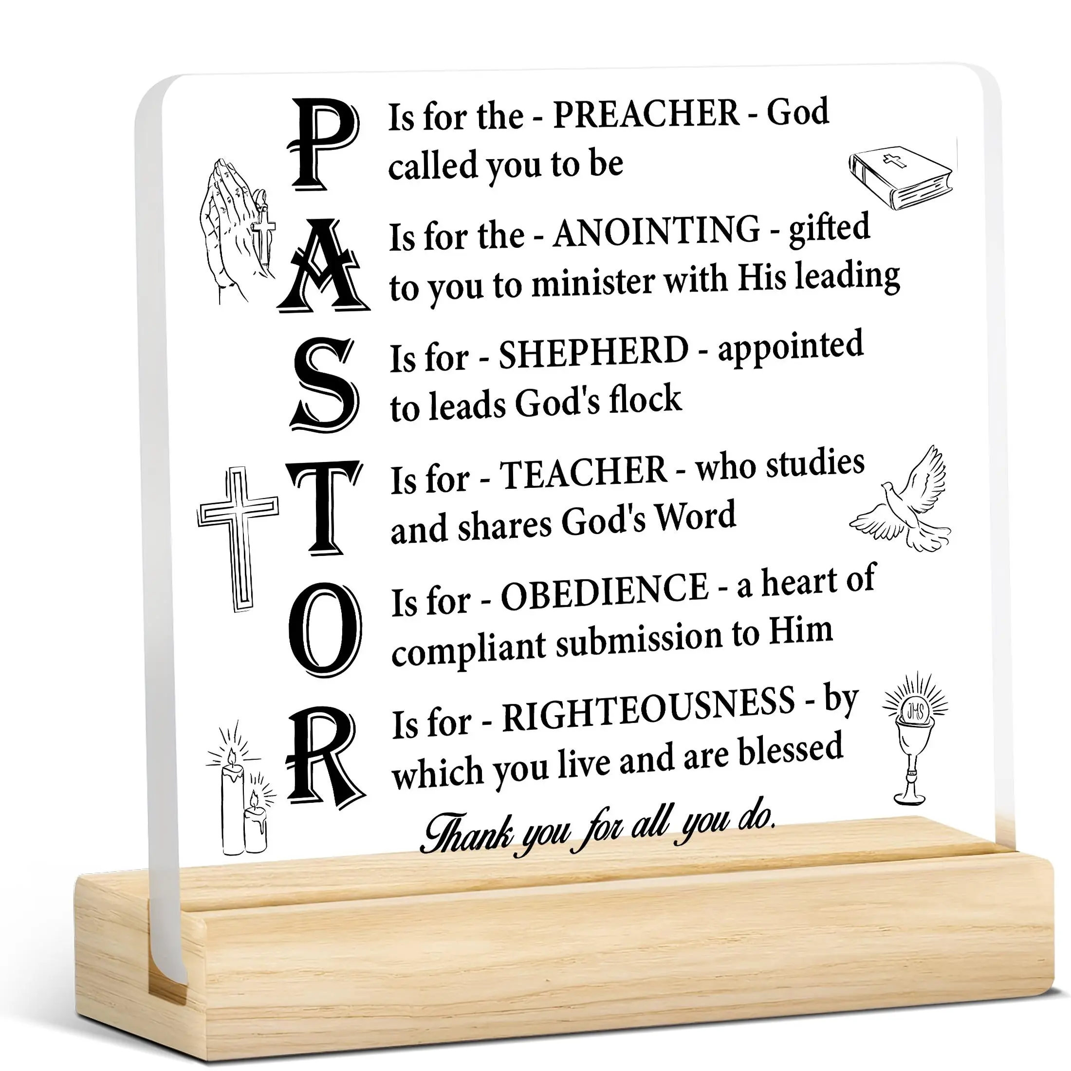 Pastor Gratitude Decorative Plaque with Wooden Base, Inspirational Christian Prayer Gift for Men, Perfect Birthday and Christmas Desktop Decoration
