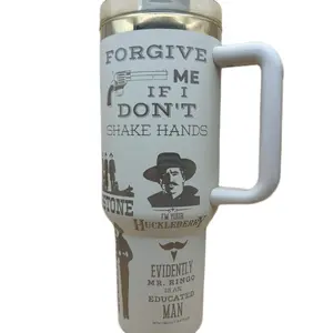 Doc Holiday 40oz Tumbler with Unique "Forgive Me If I Don't Shake Hands" Design and Character Illustration Bottle Drinkware
