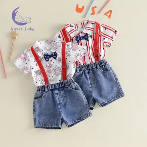 Toddler Boys' 2-Piece Print Outfit Set - Stars-Striped Shirt, Denim Overall Shorts for Summer 4th of July