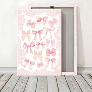 1pc,Pink Bows Canvas Wall Art, Delicate Bowknot Decorative Print for Girls Room & Nursery, Sweet Feminine Decor for Bedroom & Playroom