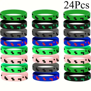 24 Pcs Pixel Theme Silicone Wristbands, Retro Video Game Design, Colorful Elastic Bands for Birthday Gifts, Classroom Rewards, Holiday Presents
