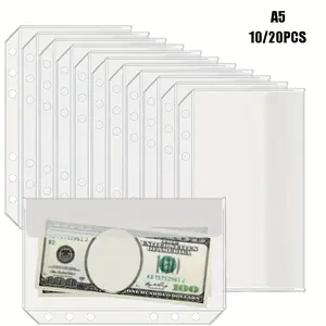10/20 Pack of Clear PVC A5 Ring Binder Pouches - Zipper-free budget envelopes for cash management systems, 6-ring binder wallets, durable savings challenge folders with multiple compartments, money-saving envelopes