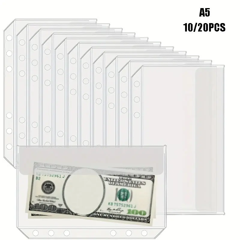 10/20 Pack Clear PVC A5 Ring Binder Pouches - Zipper-free budget envelopes for cash management systems, Cash storage binder, 6-ring binder wallets, durable savings challenge folders with multiple compartments, Savings Challenge Planner