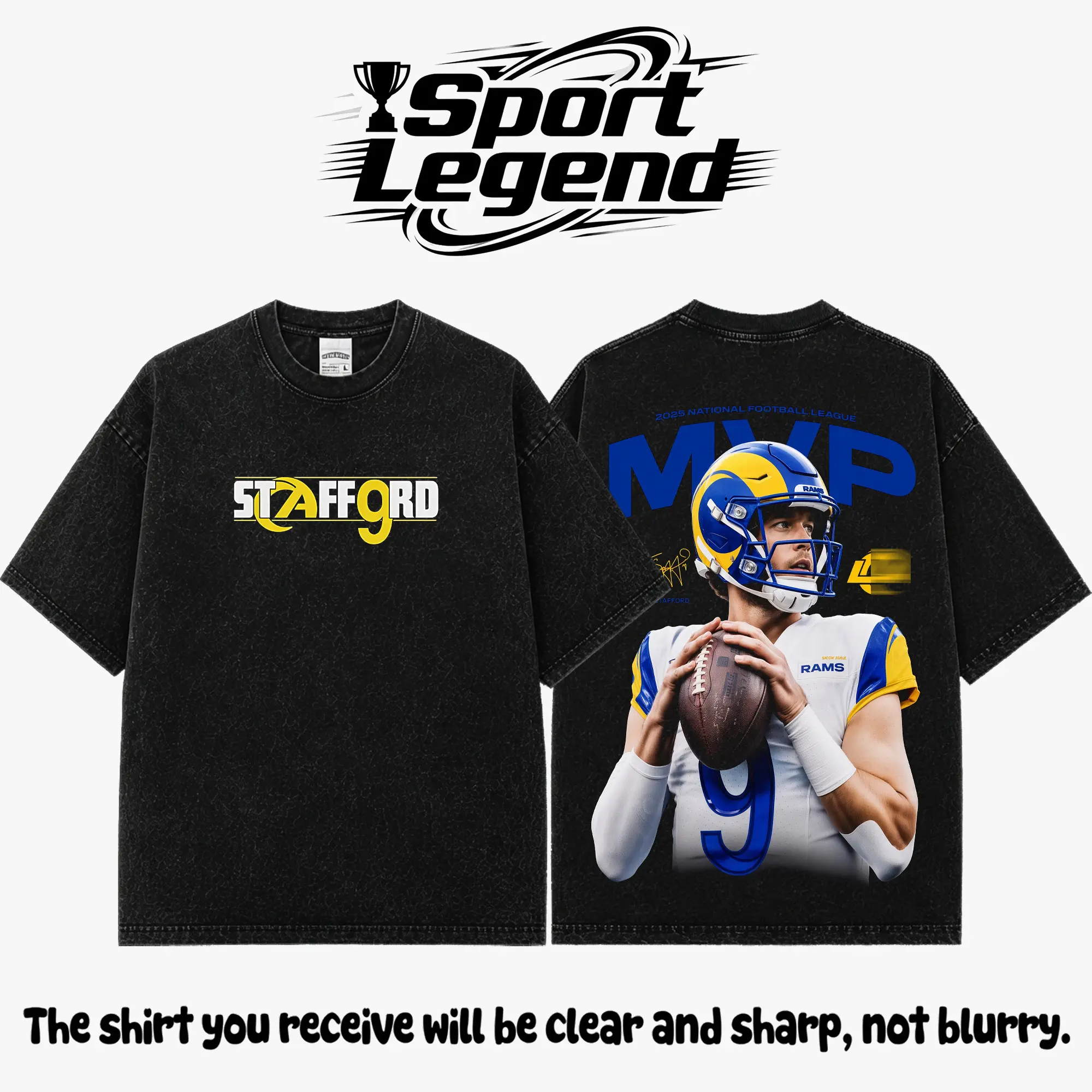 Matthew Stafford #9 Premium Acid Washed Cotton T-Shirt, Heavyweight Vintage Football Graphic Tee, The Comeback Kid Rams Fan Shirt, Oversized Washed Streetwear, Game Day Football Apparel, Unisex Football Gift