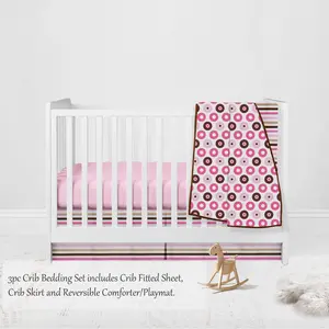 Bacati Mod Dots Stripes 3-Piece Crib Bedding Set - Pink/Fuschia/Beige/Chocolate