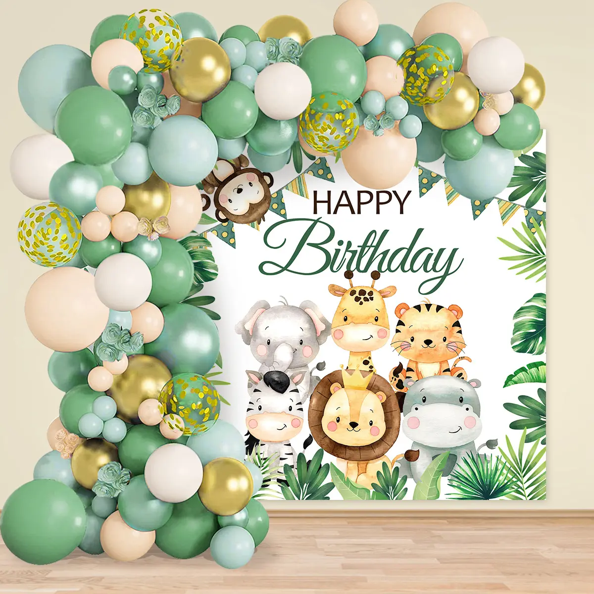 88Pcs Jungle Safari Animal Party Decorations, Sage Green Balloon Garland Arch Kit with Happy Birthday Backdrop for Kids Wild One Birthday Baby Shower Supplies