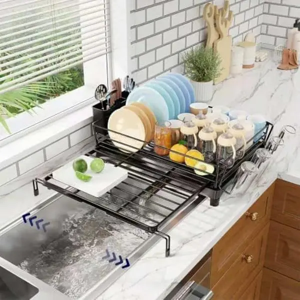 Dish Rack - Expandable Dish Drying Rack for Kitchen Counter, Large Capacity Dish Drainers, Stainless Steel Dish Strainer with Utensil & Cup Holders, Black