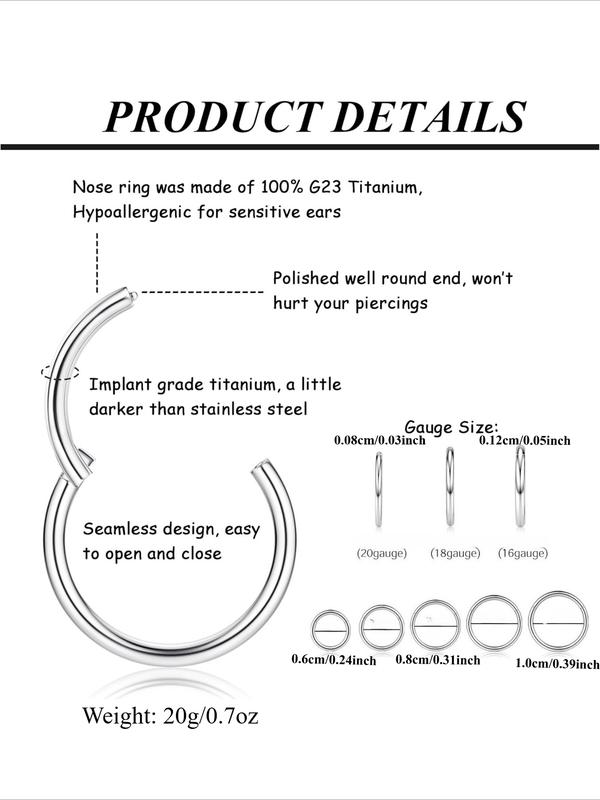 5Pcs G23 Titanium Nose Rings Hoops 20G 18G 16G Clicker Hinged Piercing Hoop Body Piercing Rings for Septum Cartilage Daith Rook Lip Tragus Helix Conch Ear Lobe Earrings Hypoallergenic Nose Piercing Jewelry Women Men 6/7/8/9/10mm