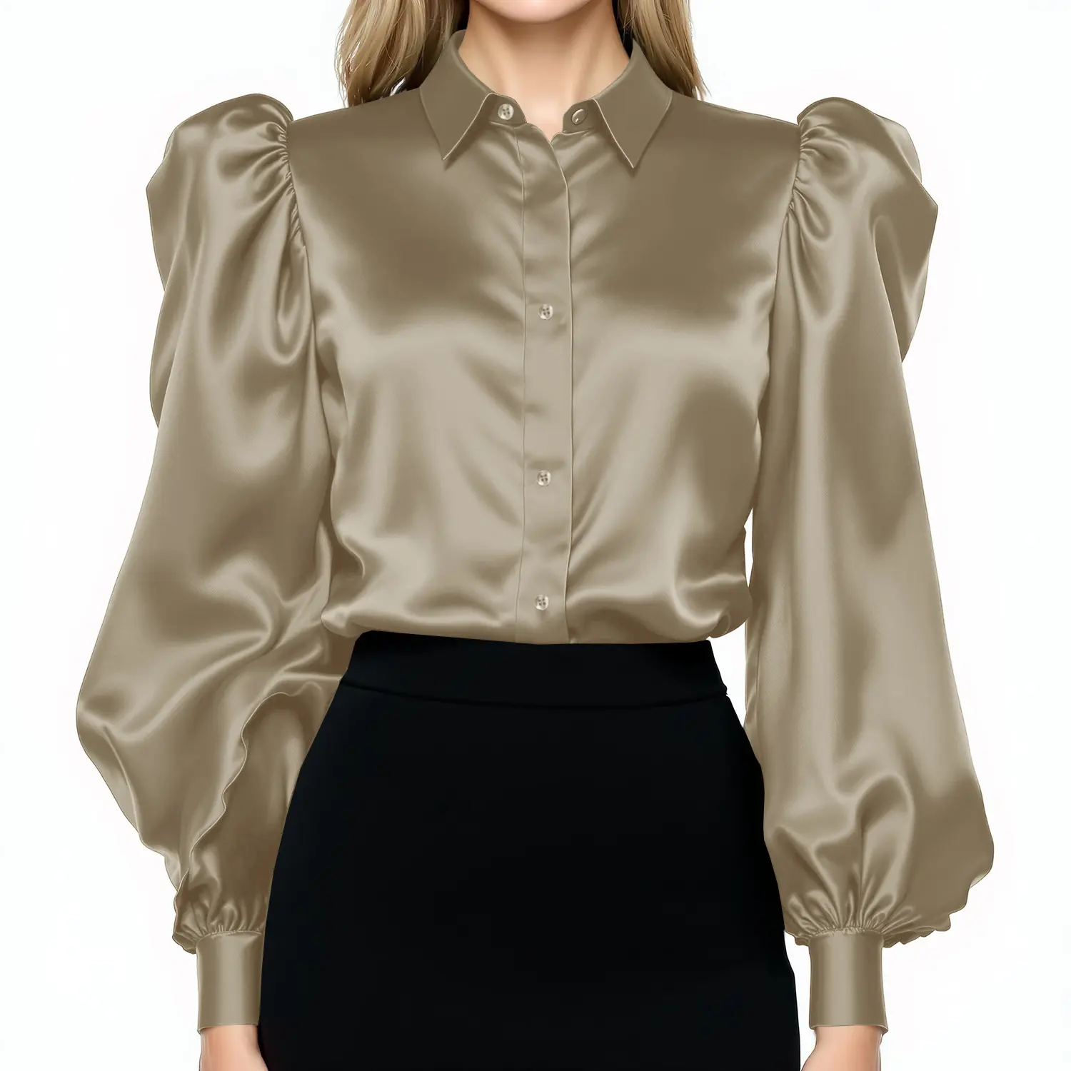 Champagne - Women Satin Puff Long Sleeve Blouse Button Down Shirt Casual Party Work Wear Ladies Elegant Blouse