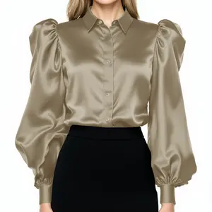 Champagne - Women Satin Puff Long Sleeve Blouse Button Down Shirt Casual Party Work Wear Ladies Elegant Blouse