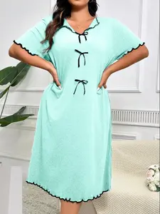 Plus Size Solid Color Bow Decor Nightdress, Casual Comfy Short Sleeve Nightgown for Women, Women's Sleepwear & Loungewear for All Seasons