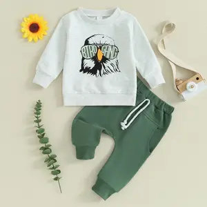 Toddler Baby Boy Casual 2-Piece Football Outfit - Long Sleeve Eagle Print Sweatshirt + Trousers Set, Baby Clothing Gift Set