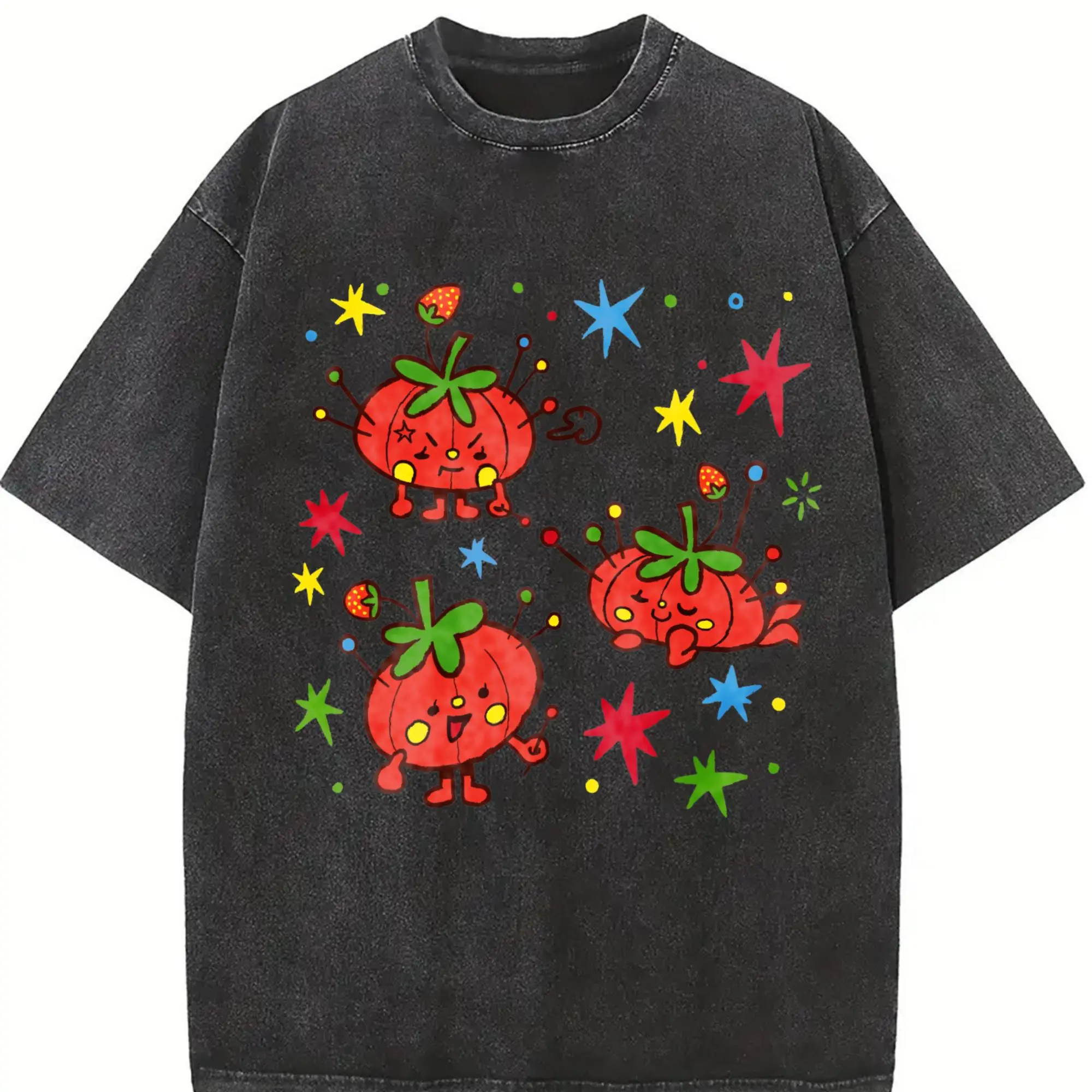 Washed, Cute Tomato Party Print T-shirt, High-quality Batik Vintage Fashion Brand T-shirt, Unisex T-shirt, Popular Daily Wear T-shirt, Holiday Gift, Perfect Present