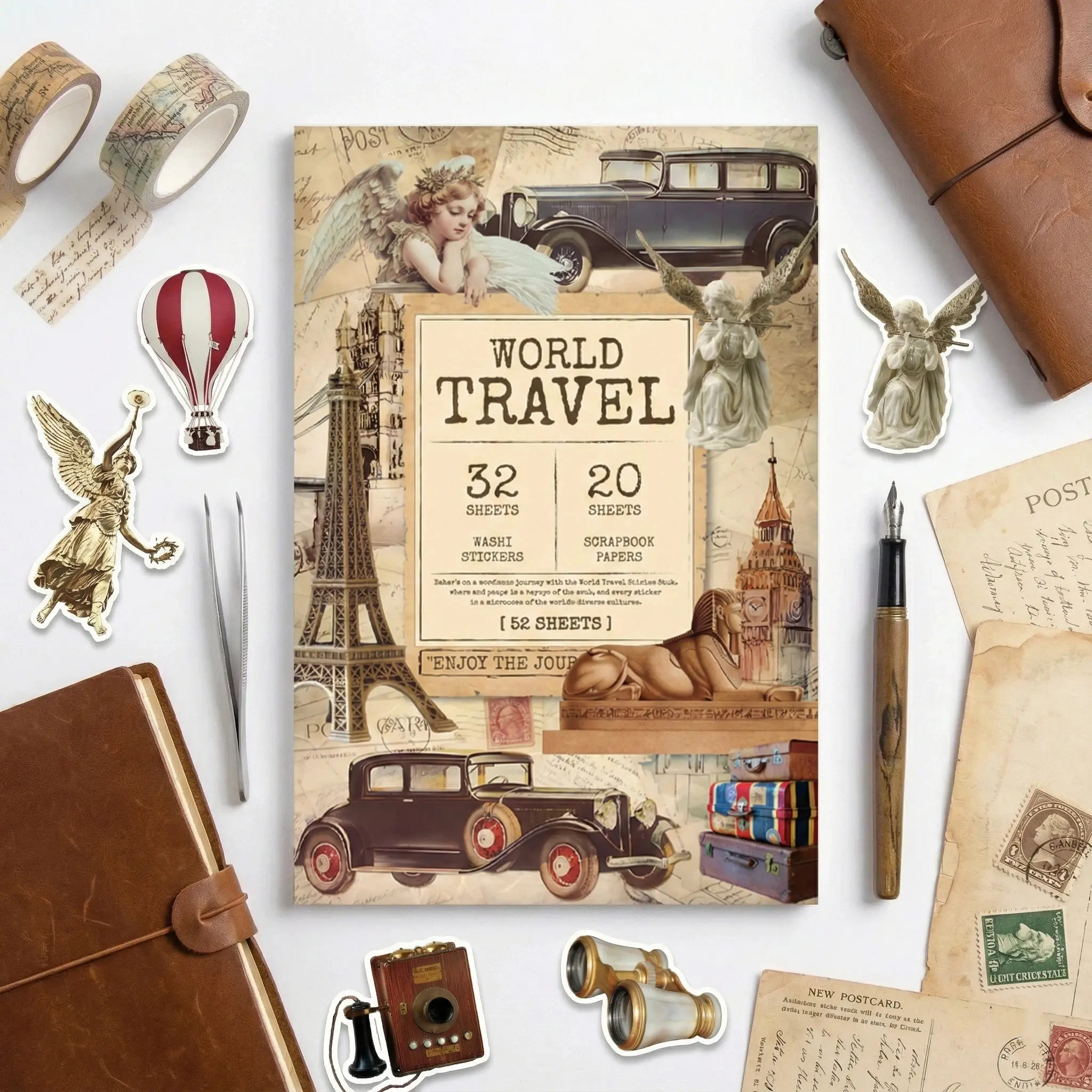 52-Sheet Travel Sticker Book - Artful Destinations Edition, 377 Pcs Aesthetic Adhesive Stickers, 20 Sheets Washi Paper, Colorful Scrapbooking Supplies, Decorative Junk Journal Items, Junk Journal Aesthetic Collage Kit for Scrapbooking, Journaling, Colorfu