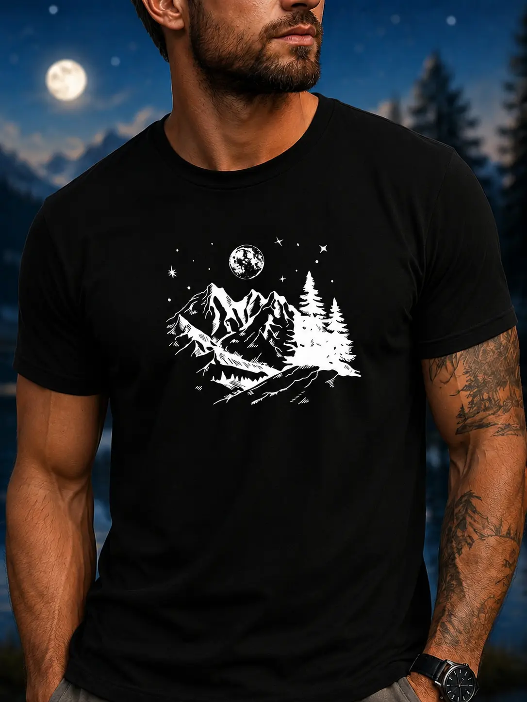 [Mountain Tshirts] Retro Mountain Moon Pine Forest Graphic Tshirt, Outdoor Hiking Camping Nature Shirt, Men's Crew Neck Short Sleeve, 100% Cotton, Dark Heather Gray, Gift for Outdoor Nature Lovers