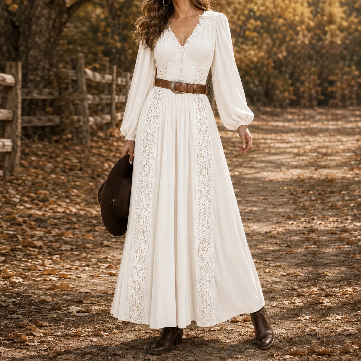 Women’s Dress Skin Friendly Rayon Blend American Western Retro Style for Autumn Outdoor Activities Picnic Travel Shooting Party Date