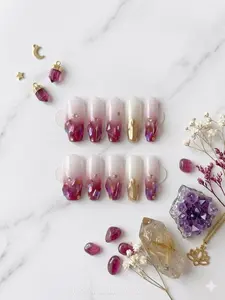 Press on Nail - Soft Milky White to Magenta Ombré with 3D Crystal Clusters Rhinestones Metallic Gold Chrome Accent Nail Long Coffin Shape