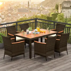 COSTWAY 7-Piece Patio Dining Set with Umbrella Hole, Acacia Wood & Rattan Table and 6 Stackable Chairs with Cushions, Outdoor Wicker Furniture Set for Balcony Garden Poolside, Black/Brown/Gray-COSTST