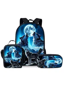 Wolf pattern printed 17-inch backpack three-piece set (single-layer backpack + shoulder strap lunch bag + single-layer pencil bag)