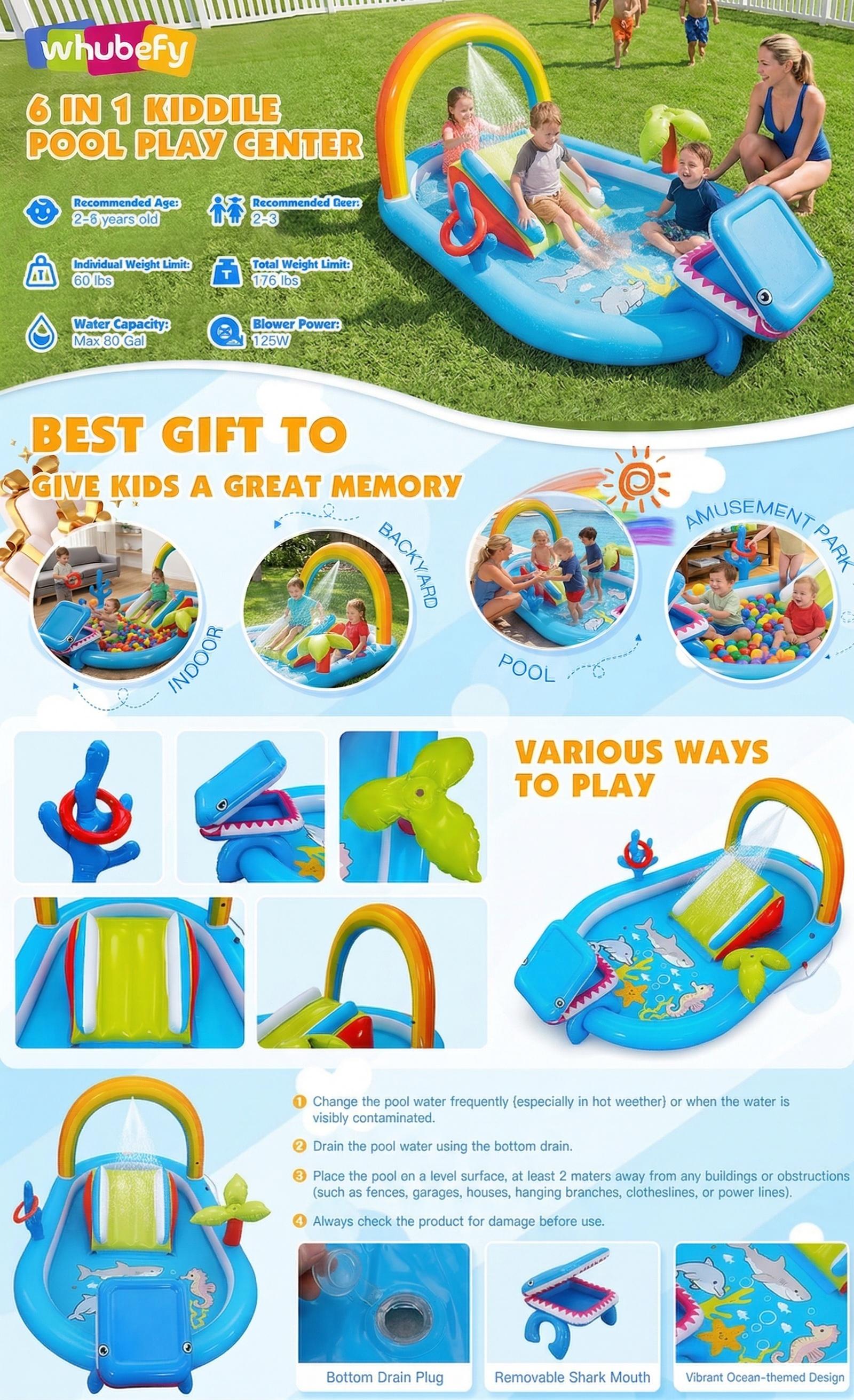 Whubefy PVC Kids Inflatable Play Pool with Mini Water Slide, Rainbow & Palm Tree Sprinkler, Coral Ring Toss, Shark Ball Toss, Ocean Animal Theme, Wet & Dry Use, Perfect Summer Play Center for Toddlers & Ideal Gift for Little Kids