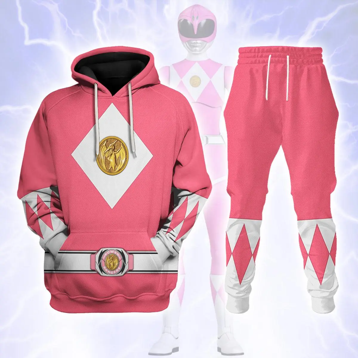 Pink Hero Hoodie and Jogger Set, White Diamond Graphic Tracksuit, Retro Superhero Costume Inspired Matching Two Piece Outfit