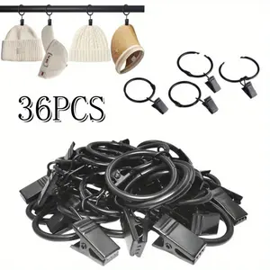 36 Packs Black Metal Openable Curtain Rings with Clips, Heavy Duty Rustproof Vintage Decorative Drapery Eyelet Curtain Rods Hangers Ring