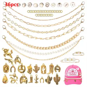 Cowgirl Hat Accessories Kit: 36pcs Western Trucket Hat Chains Bill Decoration for Women - Bling Metal Detachable Chains Bulk for Mesh Baseball Cap