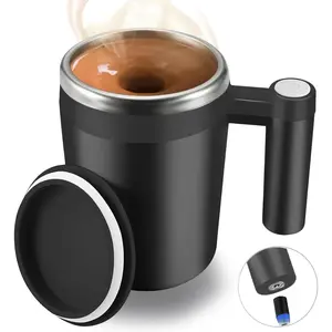 Self Stirring Mug,Rechargeable Auto  Coffee Mug with 2 count Stir Bar, Automatic Mixing Cup for Milk/Cocoa at Office/Kitchen/Travel 14oz   - Black