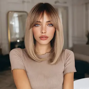 SMILCO/14Inch Ombre Deep Brown Ash Brown Short Straight With Curtain Bangs Synthetic Wig/SM560