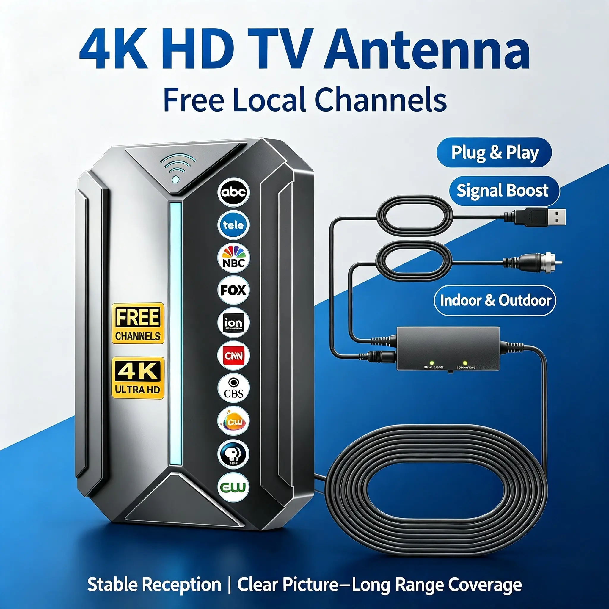 Digital TV Antenna for Smart TV Indoor,TV Antenna with 3M Stick Base | Support 4K 1080p&Long Range Reception,HDTV Antenna for Local Channels,Easy Installation Antenna For TV without Cable